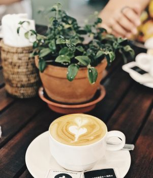 A green leafed plant near a cup of coffee