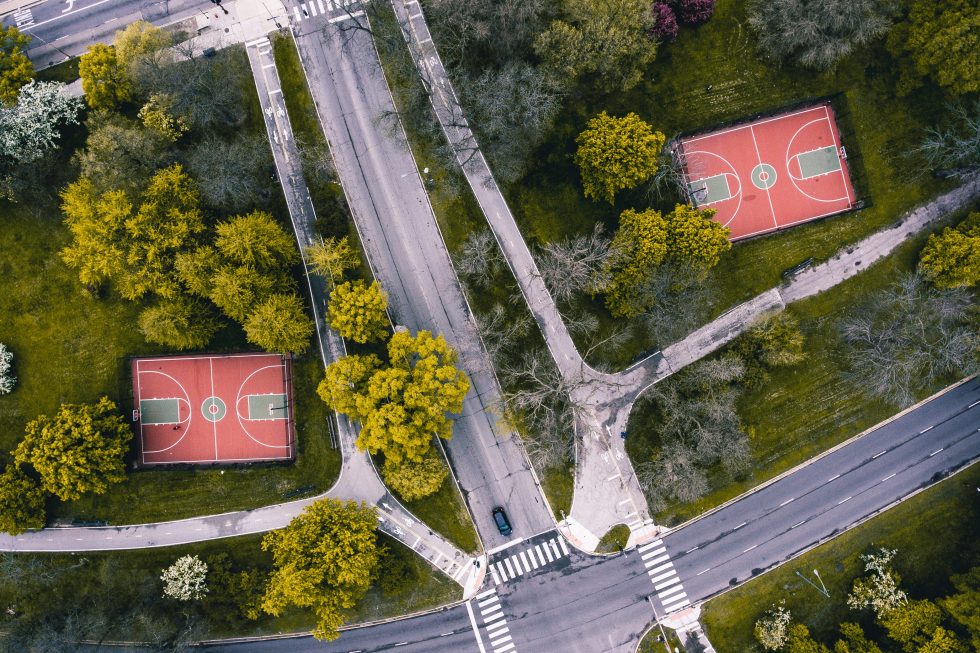 Aerial photo of two red basketball courts