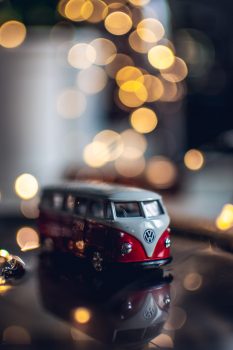 Photo of a red and white toy Volkswagen Van