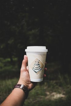 A person holding a white disposable cup on the background of a forest
