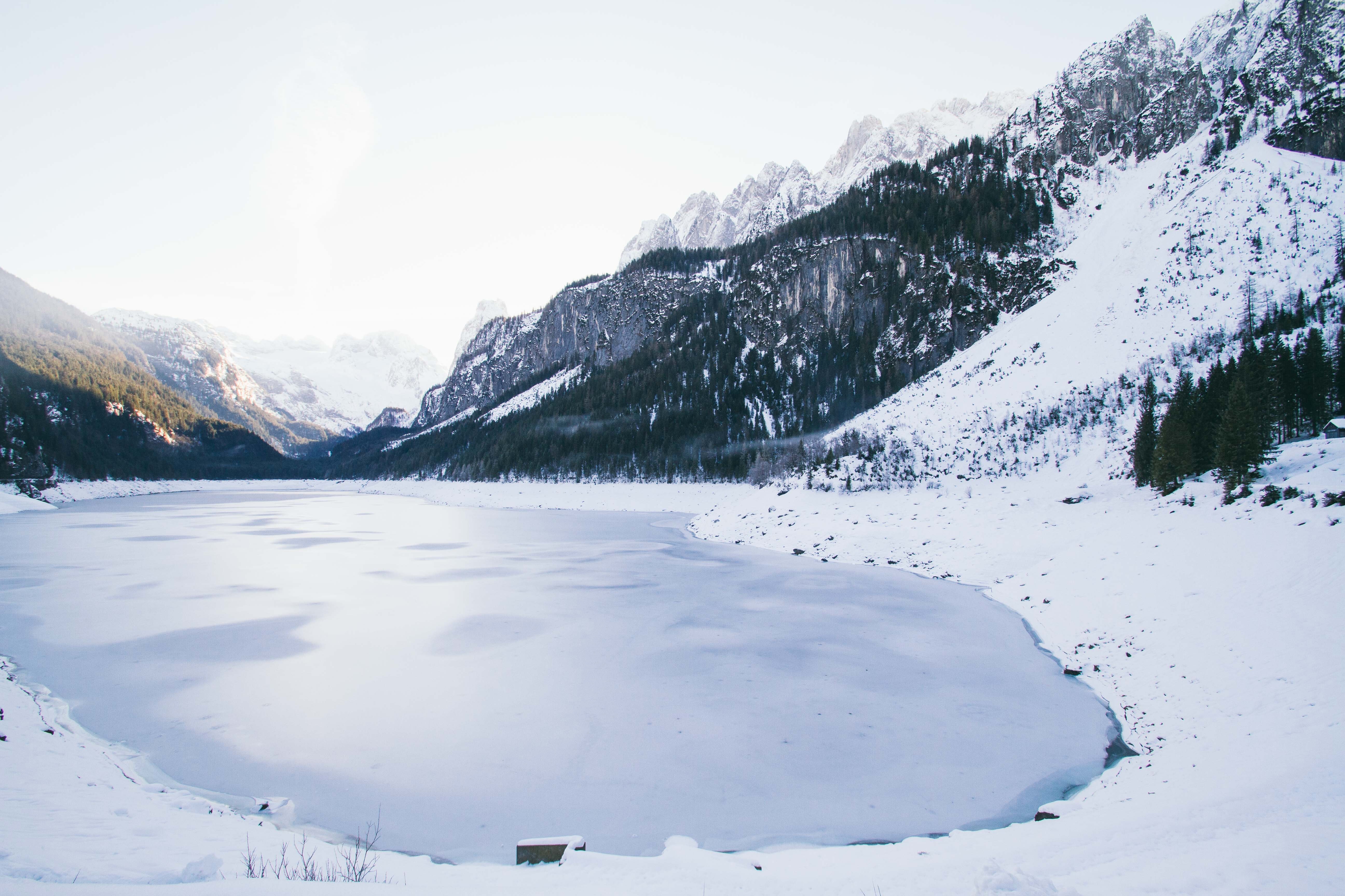 Landscape photo of a lake surrounded with snow