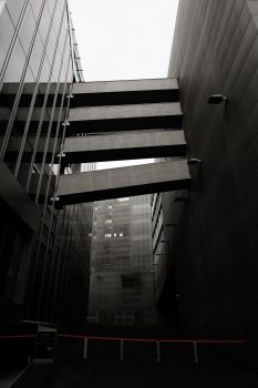 Black and white photo of modern buildings