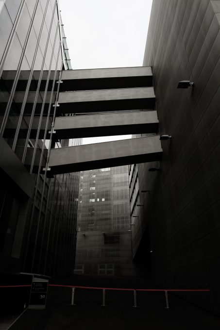 Black and white photo of modern buildings