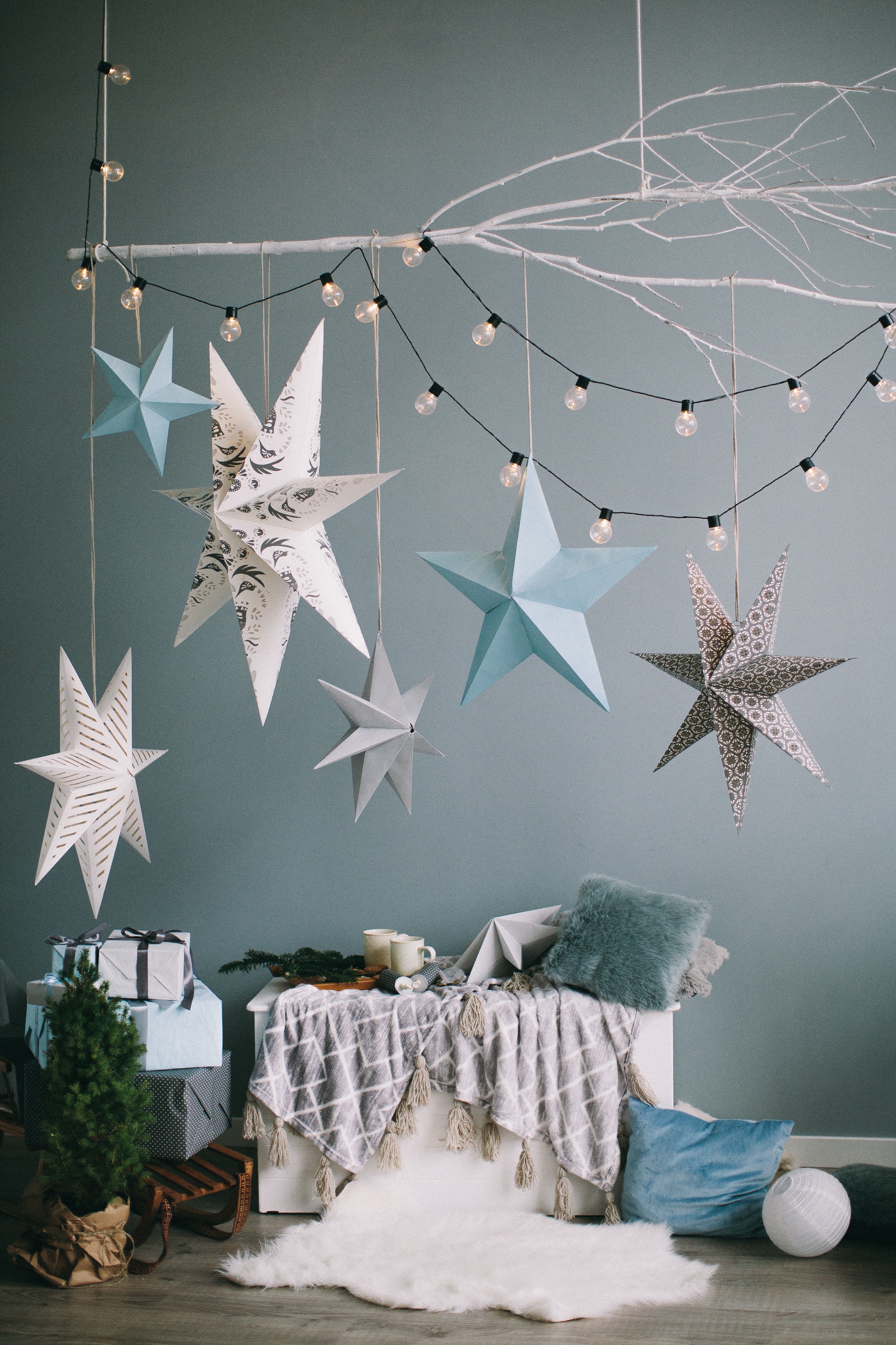 Blue, white, and gray Christmas decor