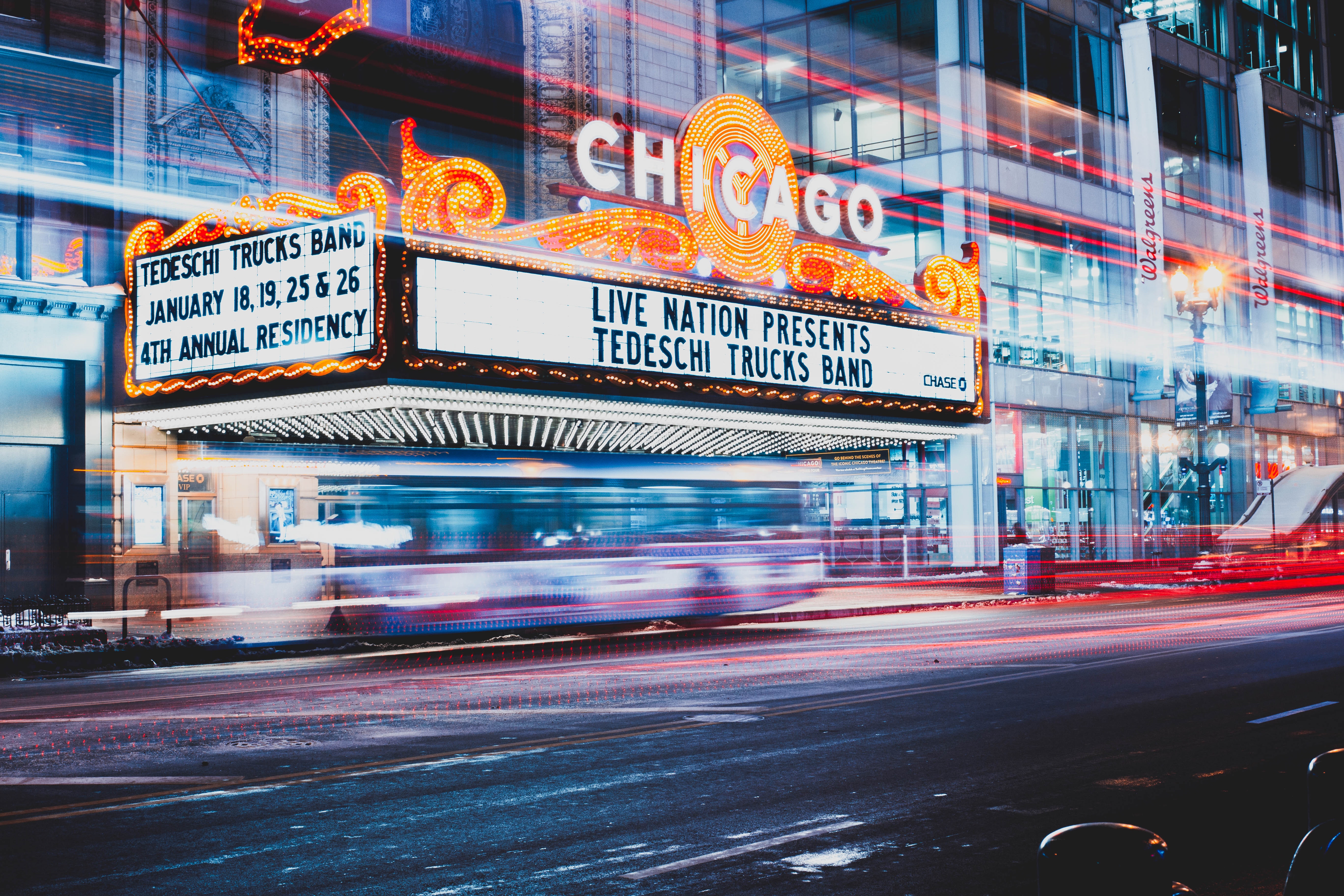 Time-lapse photography of the Chicago Theater at night