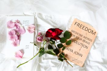 A red rose and pink flower with two books lying on white sheets