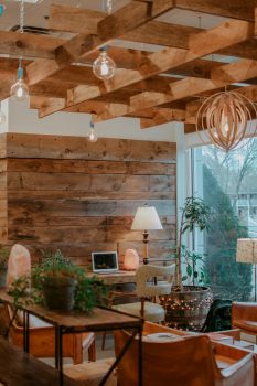 A living room with a wooden wall, desk, chairs, and plants